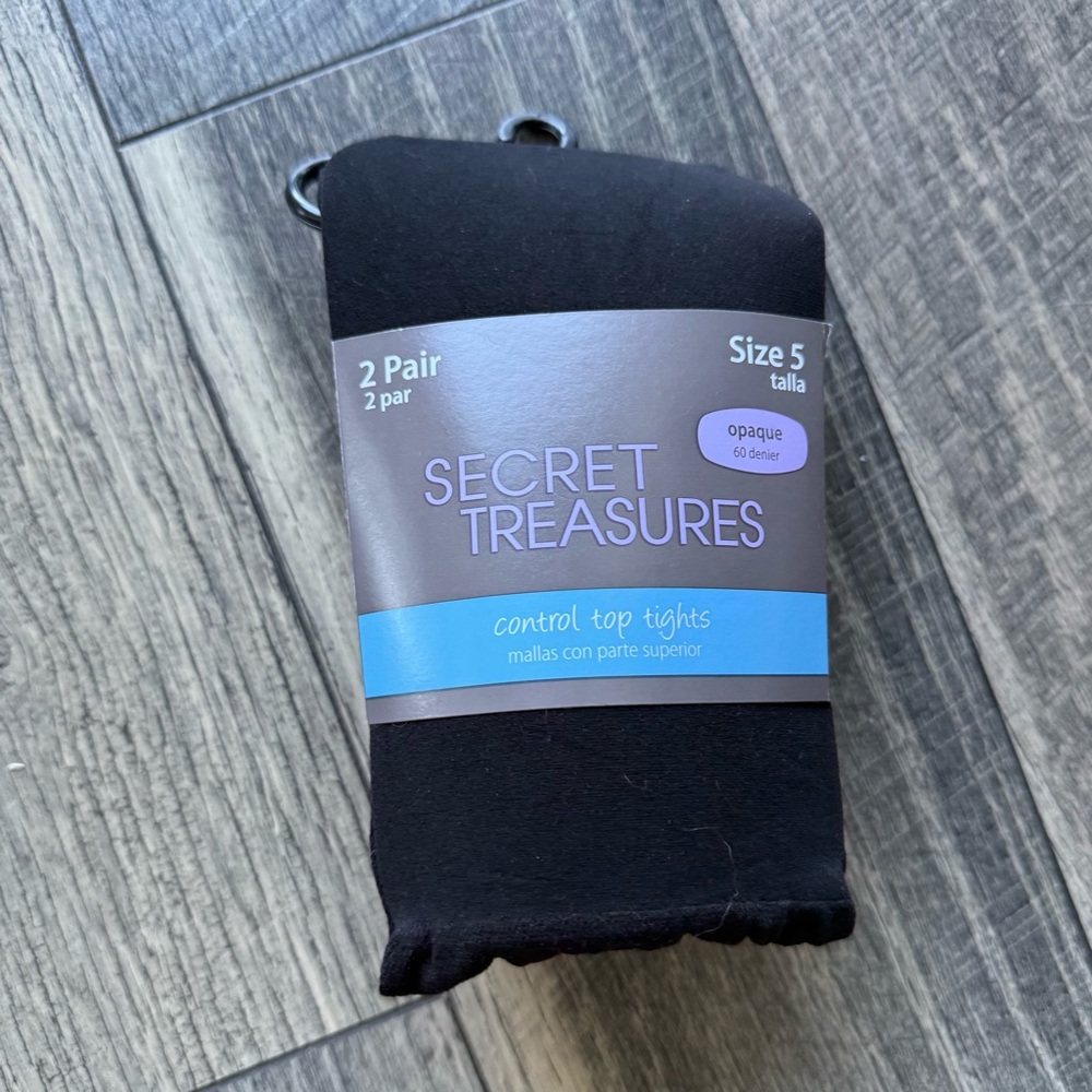NWT Secret Treasures Black Opaque Control Top Tights 2 Pair Size 5